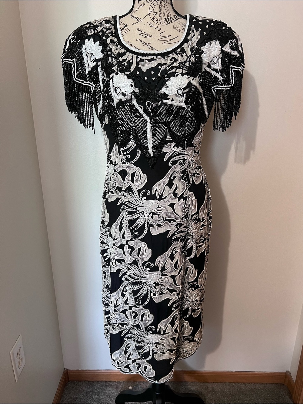 Jasdee Fashion Vintage Silk Beaded Fringe Midi Dress Black White Med